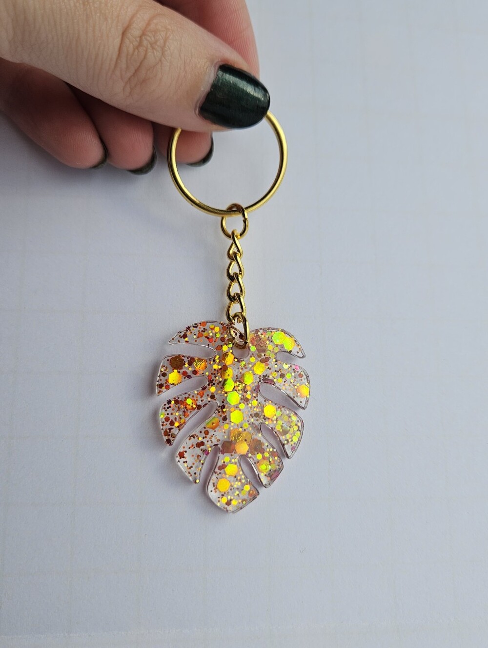 Handmade Monstera Leaf Glitter Keychain Plant Orange Gold Backpack Accessories